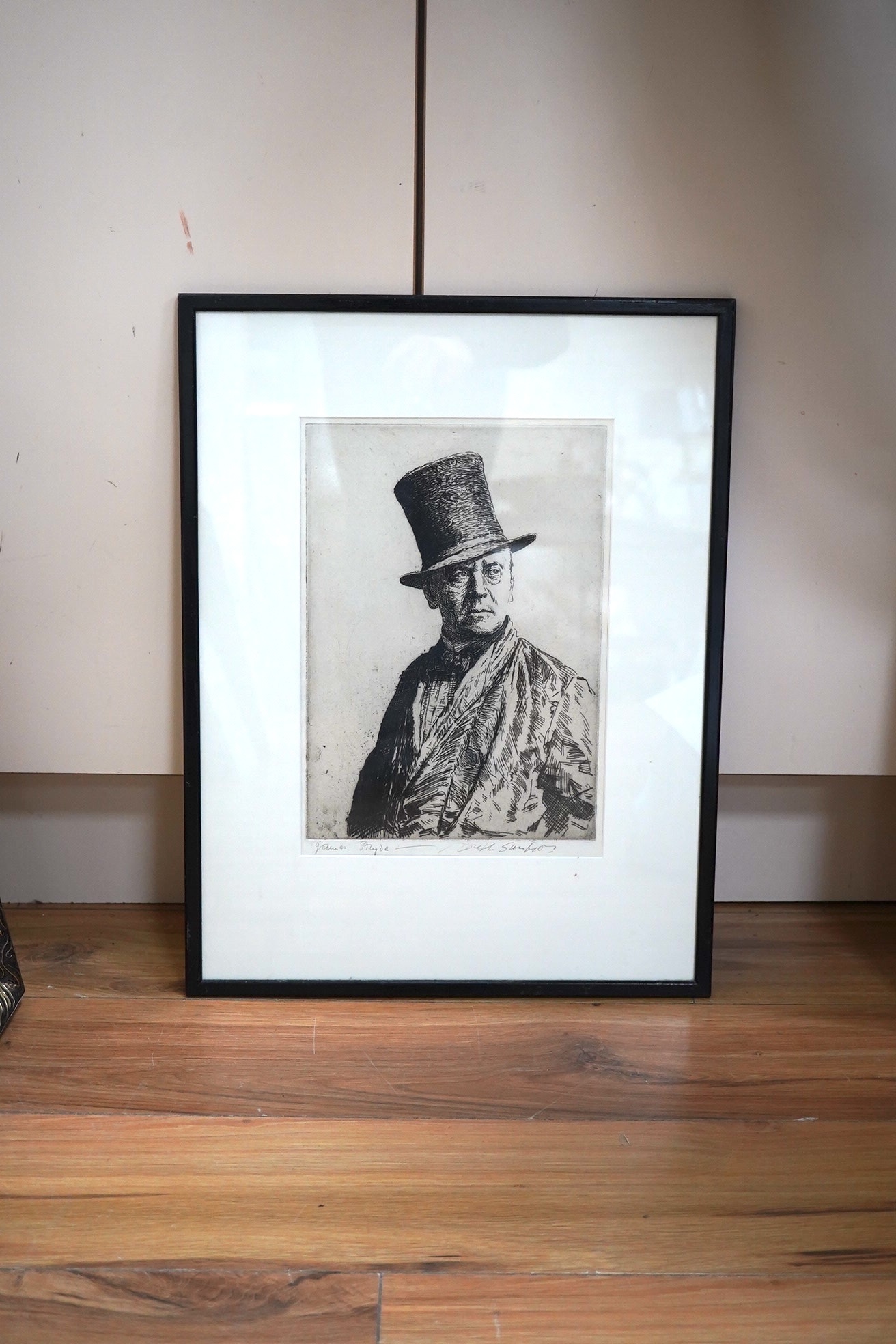 Joseph Simpson (1879-1939), drypoint etching, ‘Portrait of James Pryde’, signed by artist and sitter, 31 x 22cm. Condition - good